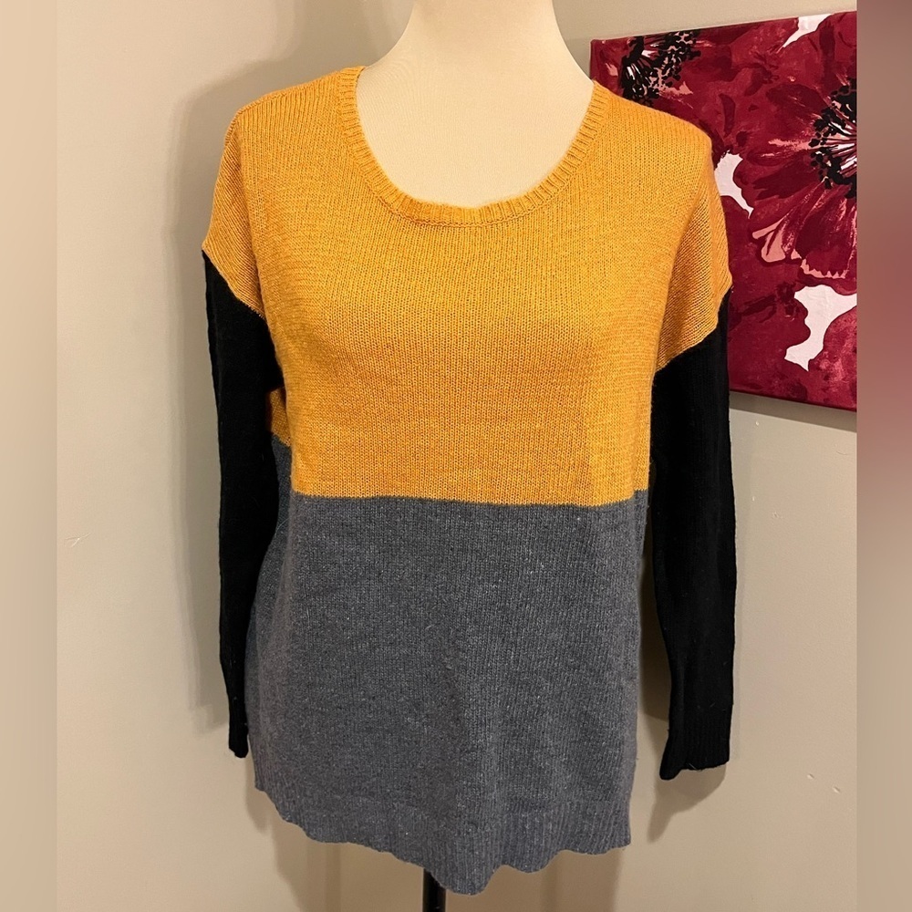 Joie Cashmere Colorblock Astaine Sweater in Black, grey & Mustard, Size Medium